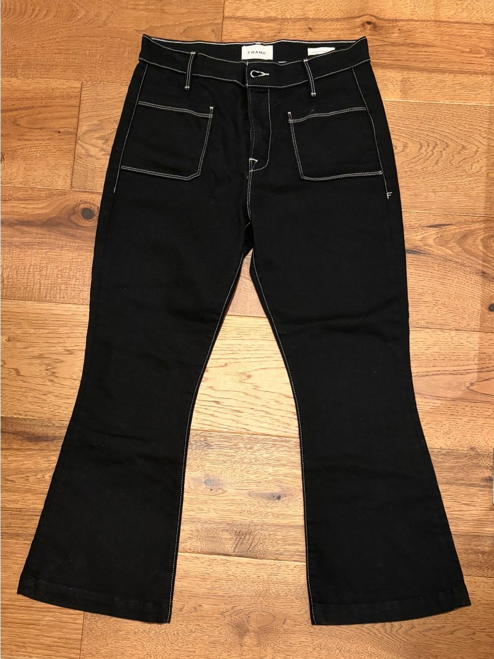 FRAME Le Bardot Black Crop Flare Jeans with White Contrast Stitch